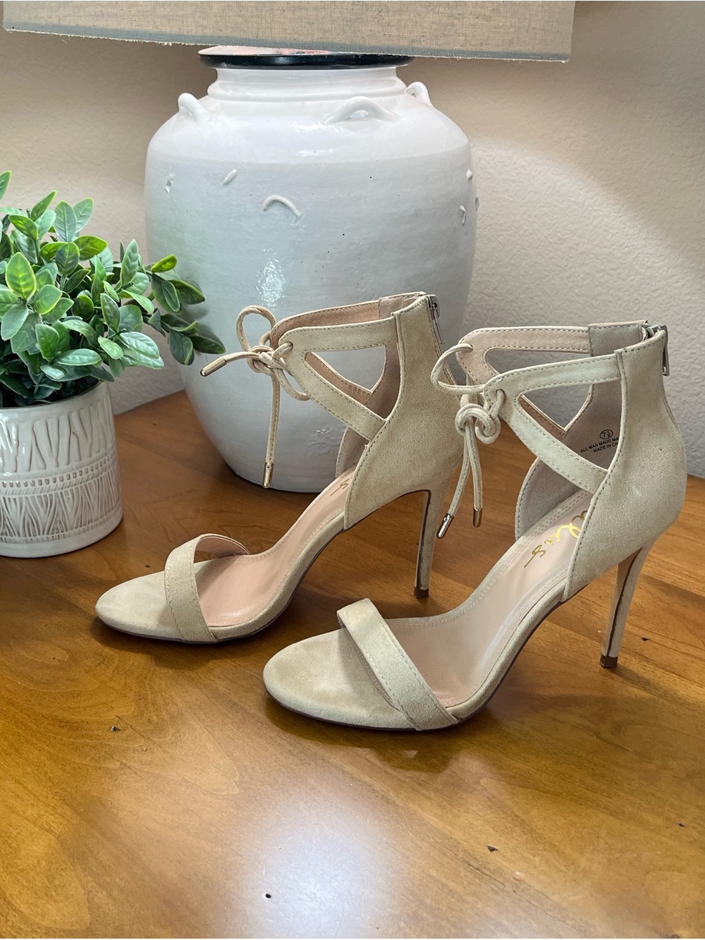 Lulu's Nude Ankle-Tie Stiletto Heels Size 7.5 - Picture 9 of 13
